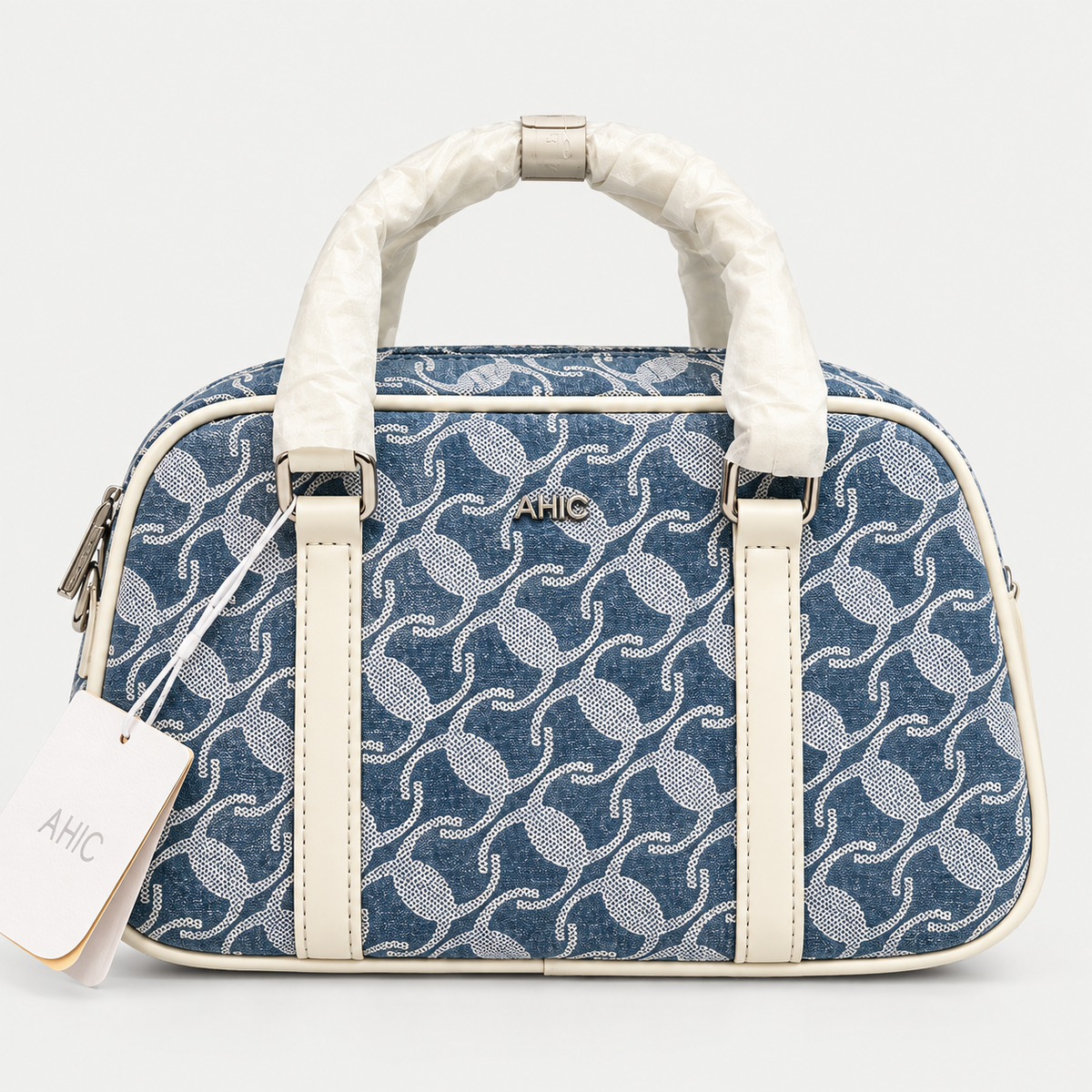 Elegant Blue Jacquard Handbag with Cream Details