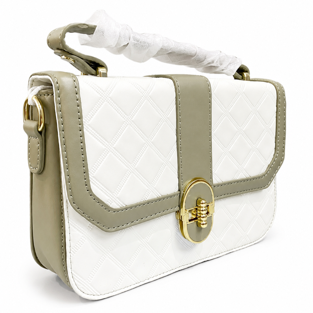 Elegant White Quilted Shoulder Bag  Gold with Clasp