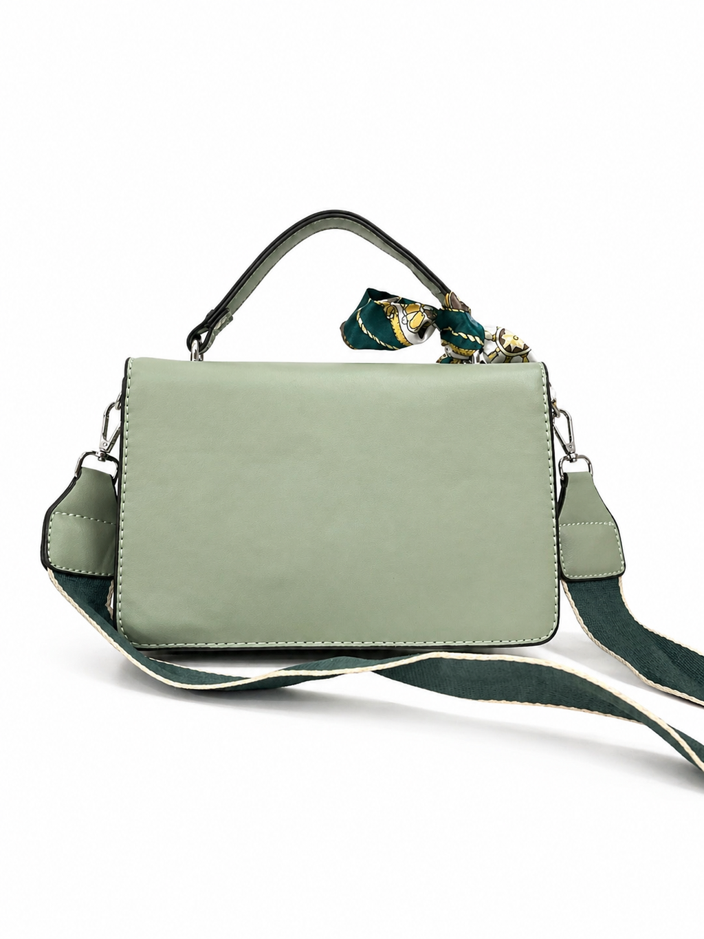 A Elegant Sage Green Mini Handbag with Silk Scarf & Dual Straps