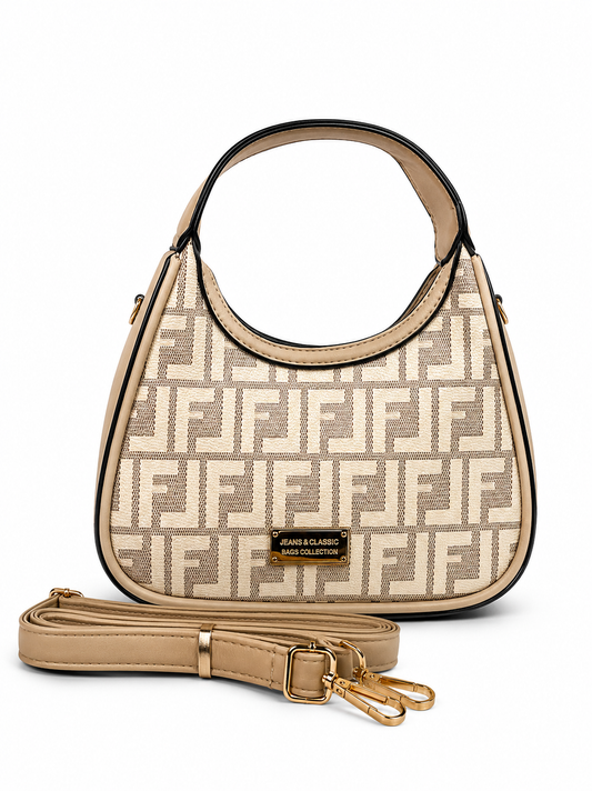 A Elegant Monogram Mini Hobo Handbag with Detachable Strap – Beige