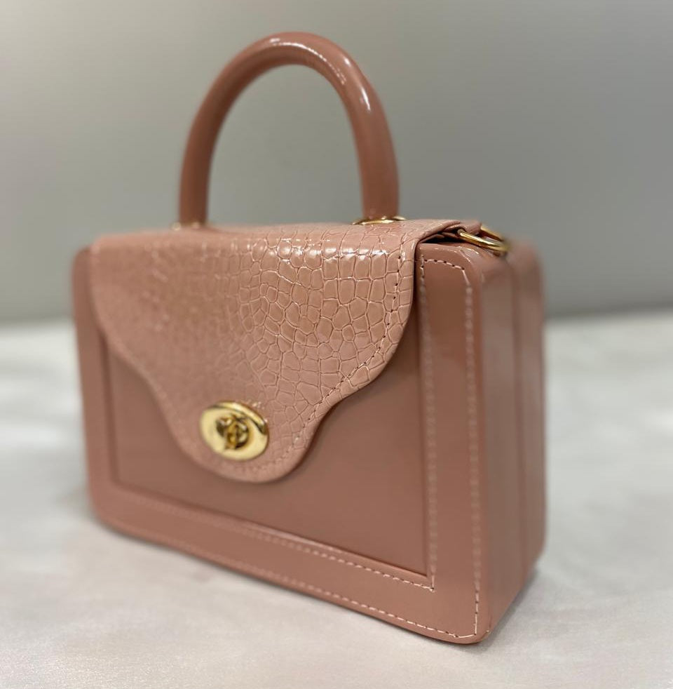 Blush Croc-Texture Top Handle Mini Handbag with Gold Twist Lock