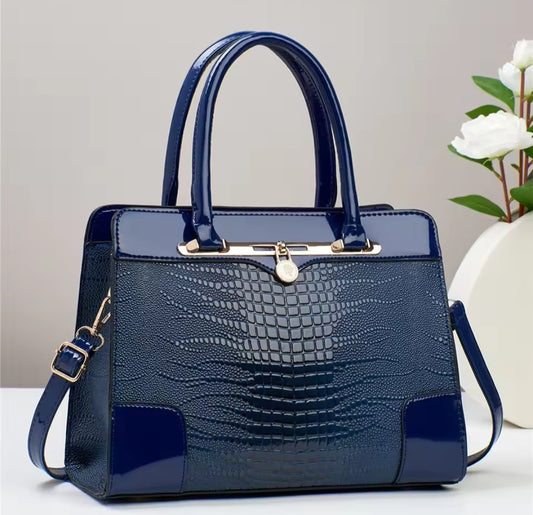 Elegant Navy Croc-Embossed Patent Leather Handbag