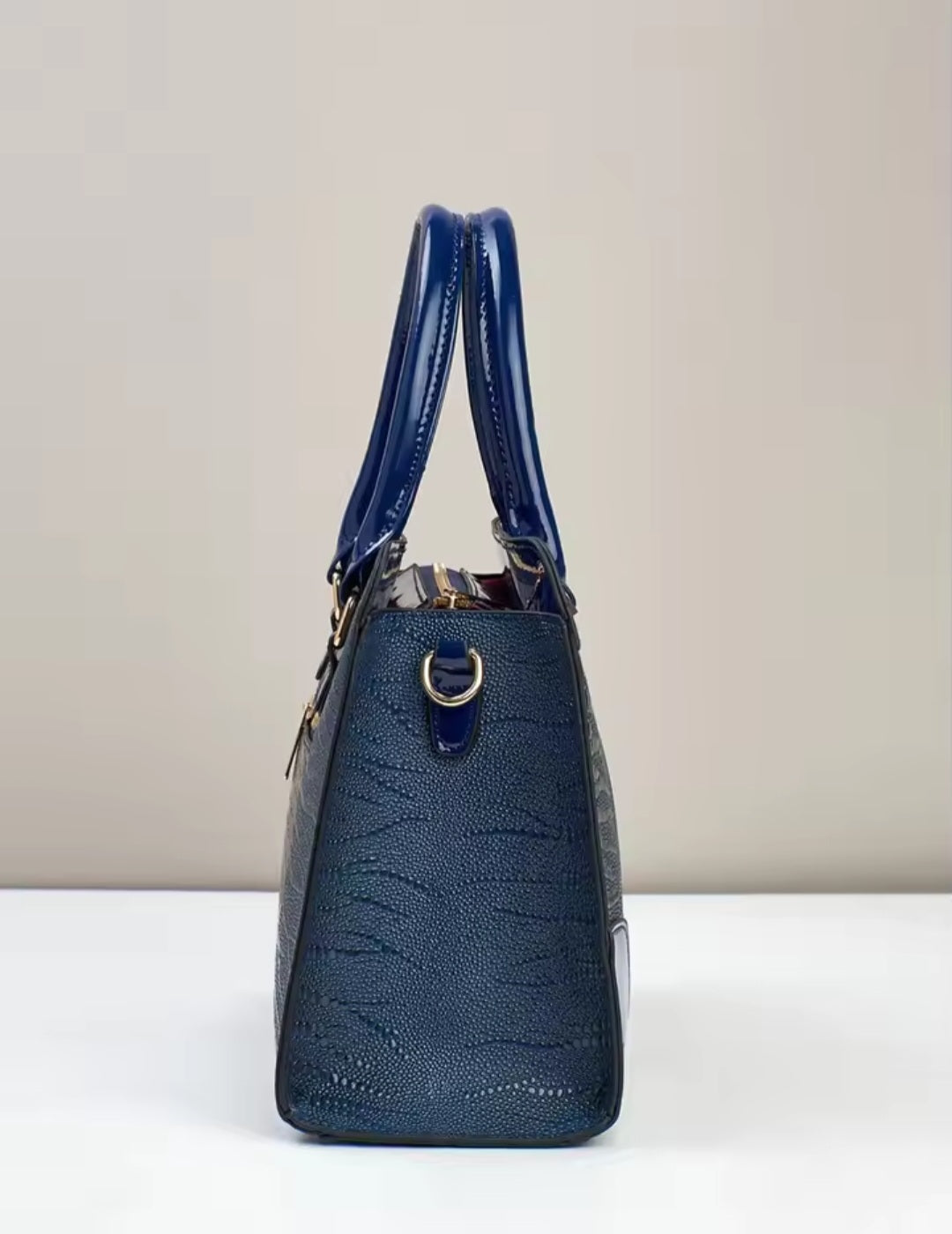 Elegant Navy Croc-Embossed Patent Leather Handbag