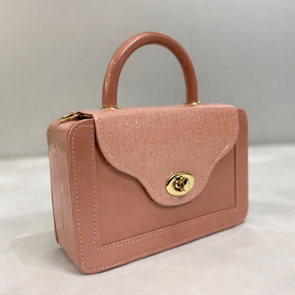 Blush Croc-Texture Top Handle Mini Handbag with Gold Twist Lock