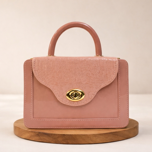 Blush Croc-Texture Top Handle Mini Handbag with Gold Twist Lock