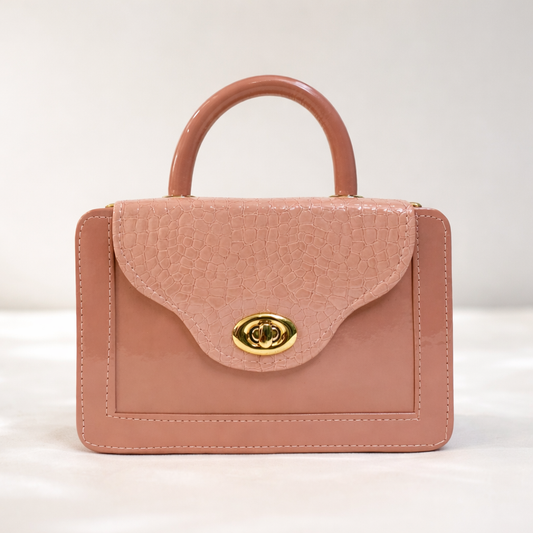 Blush Croc-Texture Top Handle Mini Handbag with Gold Twist Lock