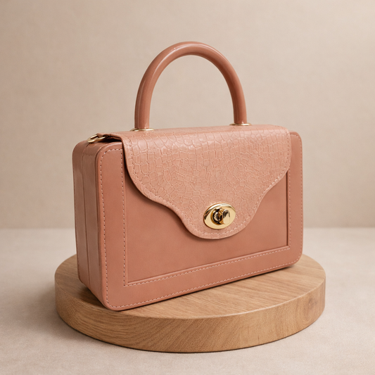 Blush Croc-Texture Top Handle Mini Handbag with Gold Twist Lock