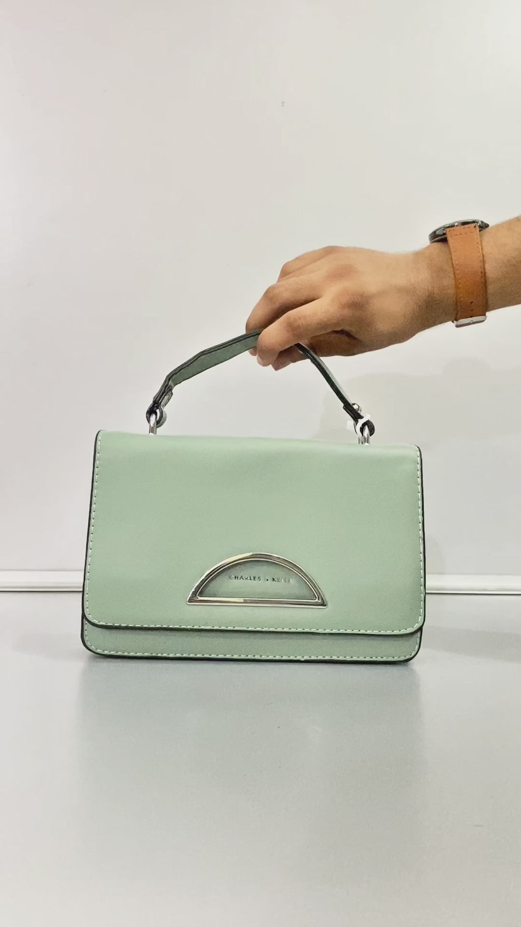 A Elegant Sage Green Mini Handbag with Silk Scarf & Dual Straps