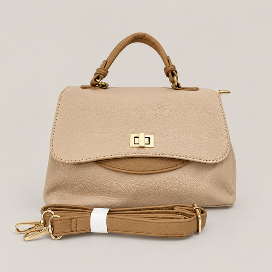 A Elegant Beige Top Handle Satchel Bag with Gold Lock & Detachable Strap