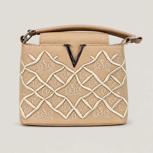 Luxury Embroidered Beige Top Handle Handbag for Women