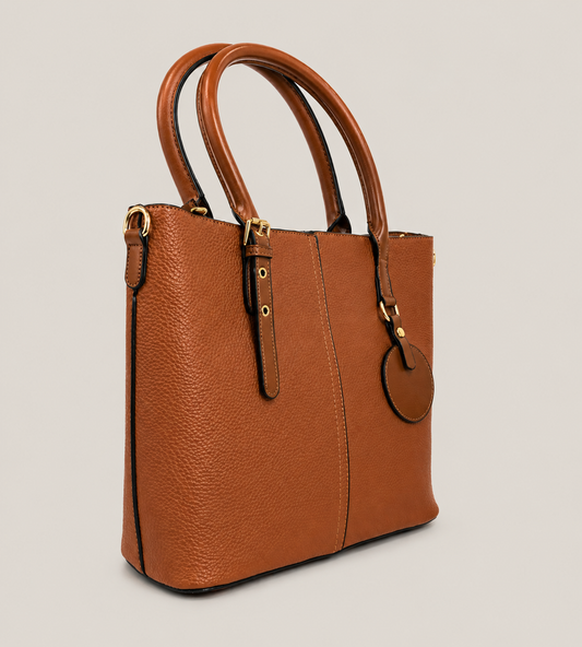 Premium Brown Pebbled Leather Tote Bag with Gold Hardware
