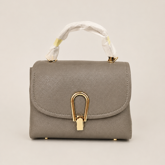 Elegant Grey Top-Handle Designer Handbag with Gold Accent Lock