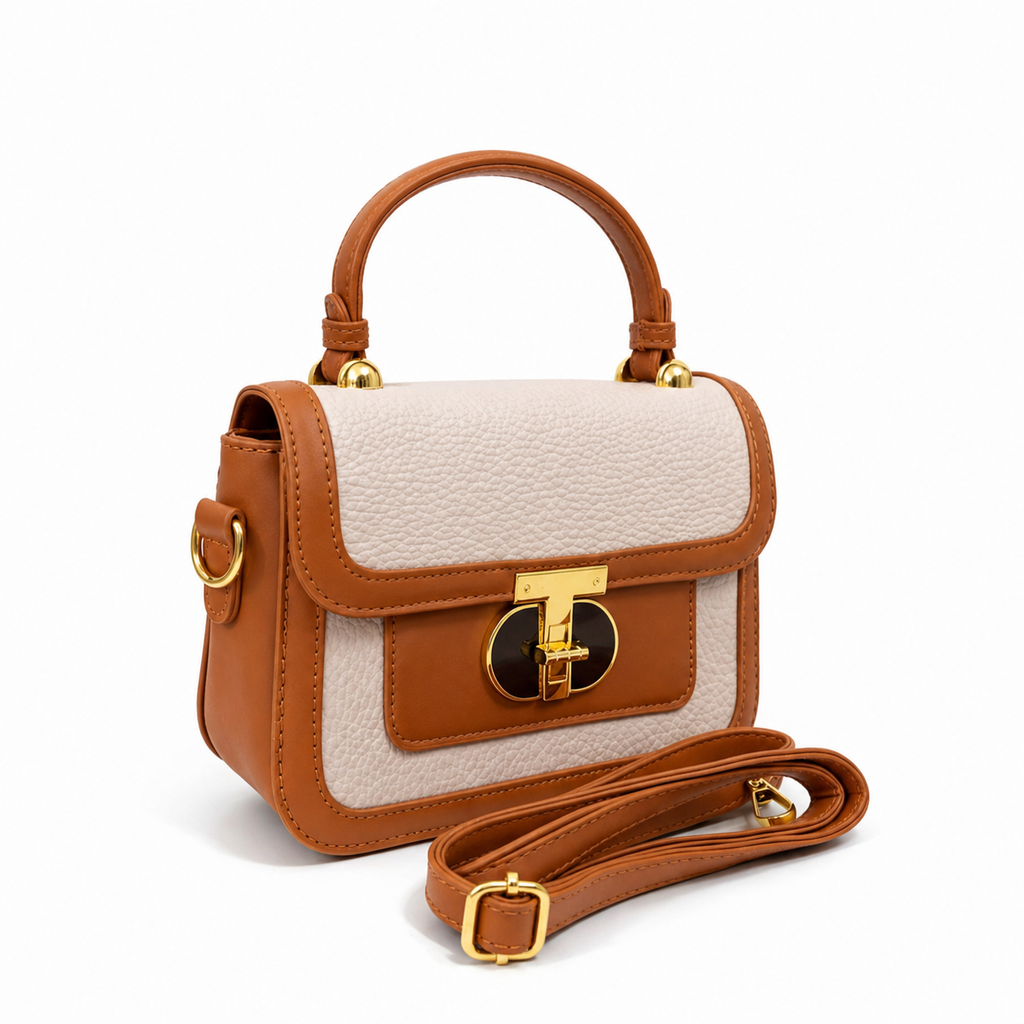 A Luxury Brown & Cream Handbag – Premium Textured Leather Crossbody Bag with Gold Lock