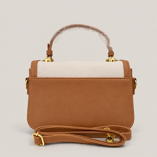 A Luxury Brown & Cream Handbag – Premium Textured Leather Crossbody Bag with Gold Lock