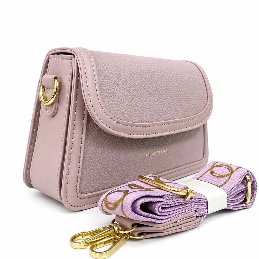 Soft Pink Textured Crossbody Bag with Printed Strap