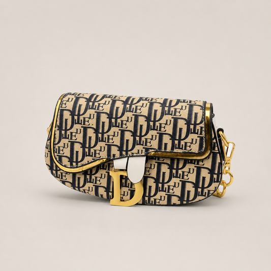 Luxury Monogram Saddle Crossbody Bag for Women – Premium Designer Style Shoulder Purse | Beige & Nav