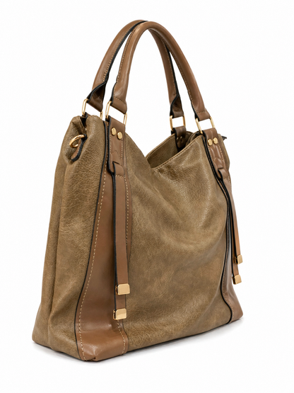 Chic Two-Tone Beige & Olive Leather Tote Bag with Detachable Strap