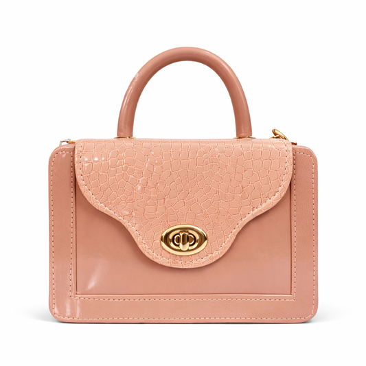 Chic Croc-Textured Mini Handbag – Glossy Faux Leather Top Handle Bag with Gold Chain (Blush Pink)