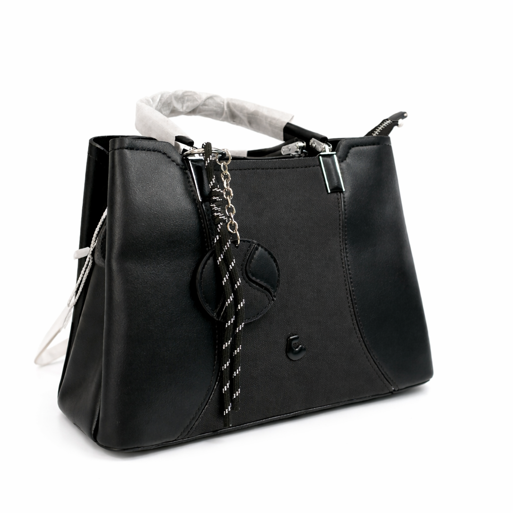 A Elegant Noir Structured Tote Bag – Premium Textured Leather with Chain Charm