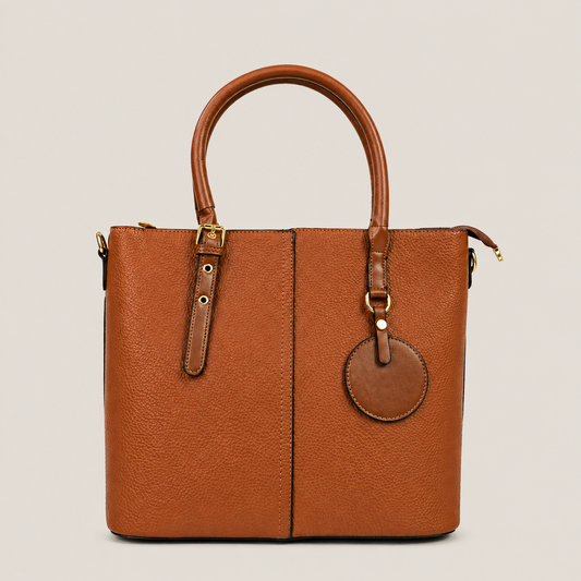 Premium Brown Pebbled Leather Tote Bag with Gold Hardware