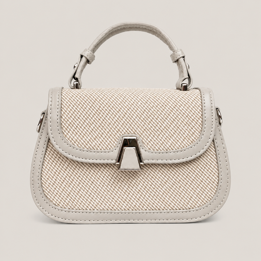 Beige Textured Mini Top Handle Bag with Adjustable Stra