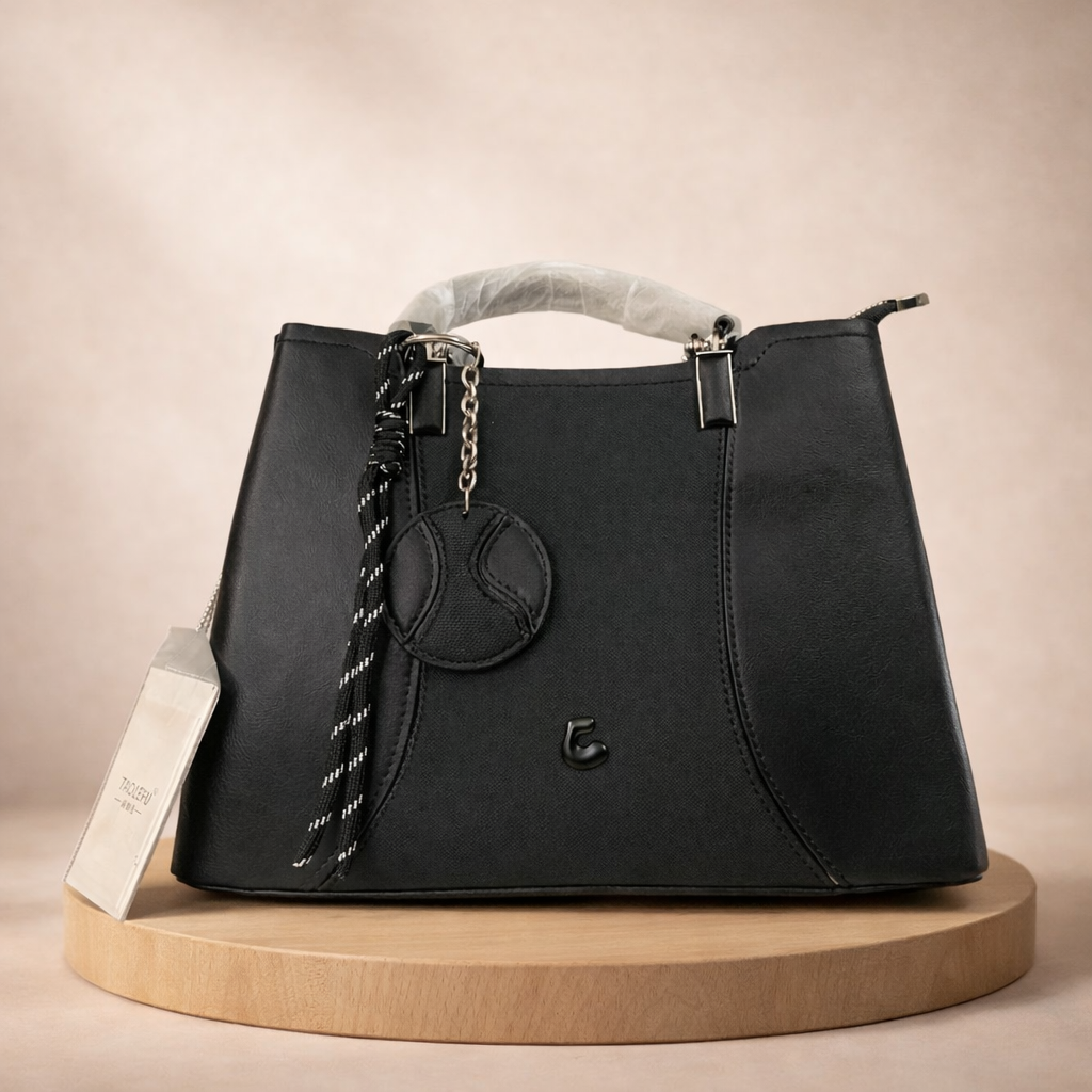 A Elegant Noir Structured Tote Bag – Premium Textured Leather with Chain Charm