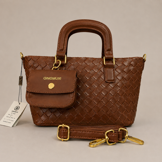 A Premium Woven Leather Tote Bag with Detachable Strap (Brown)