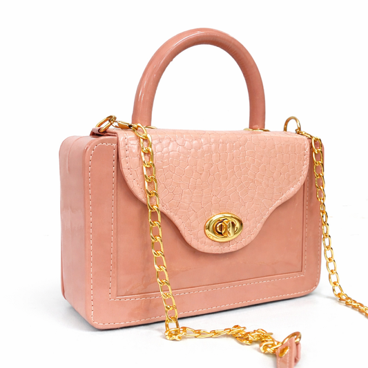 Chic Croc-Textured Mini Handbag – Glossy Faux Leather Top Handle Bag with Gold Chain (Blush Pink)