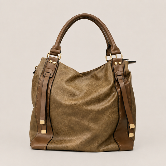 Chic Two-Tone Beige & Olive Leather Tote Bag with Detachable Strap