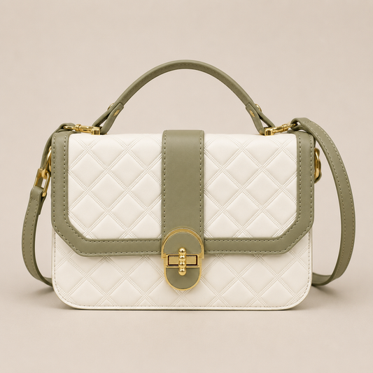 Elegant Green & White Women’s Handbag | Premium PU Leather Crossbody & Shoulder Bag