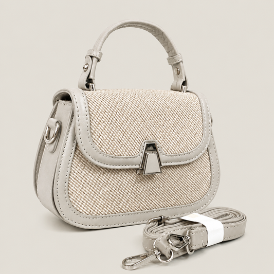 Beige Textured Mini Top Handle Bag with Adjustable Stra