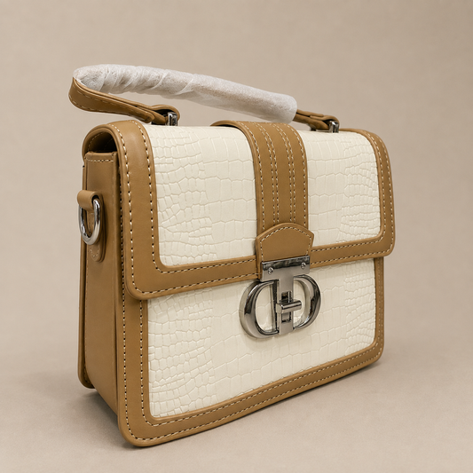 Elegant White Croc-Texture Top Handle Crossbody Bag with Beige Trim & Silver Lock