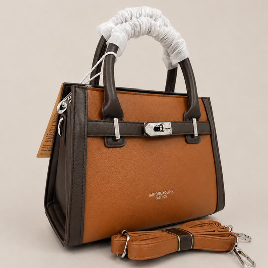 A Elegant Two-Tone Leather Handbag with Detachable Strap
