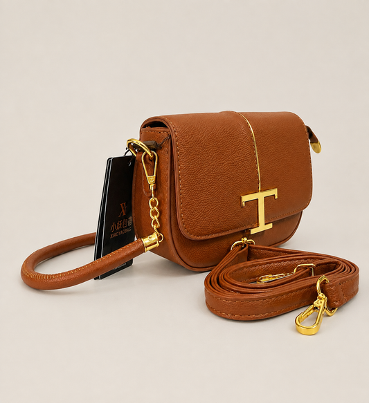 A Mini Saddle Crossbody Bag – Premium Textured Leather with Gold Hardware (Brown)