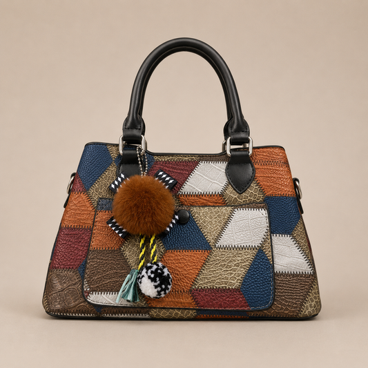 Premium Geometric Patchwork Handbag with Pom Pom Charm – Stylish Women’s Shoulder & Crossbody Bag
