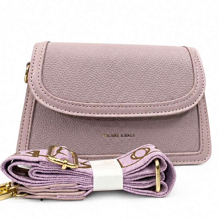 Soft Pink Textured Crossbody Bag with Printed Strap