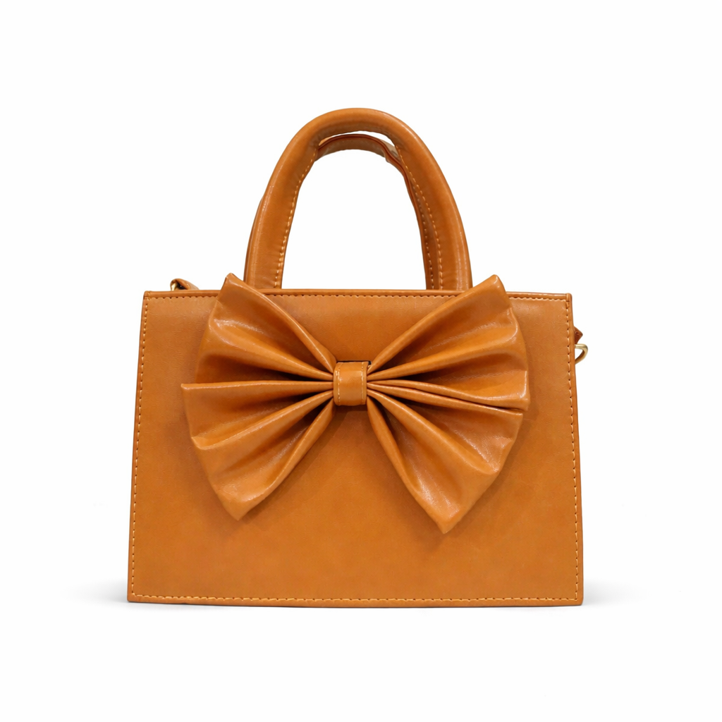 Elegant Bow Accent Mini Tote Bag – Premium Faux Leather Handbag (Caramel Brown)