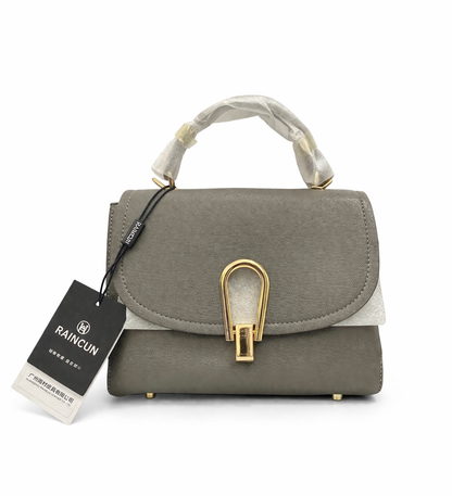 Elegant Grey Top-Handle Designer Handbag with Gold Accent Lock