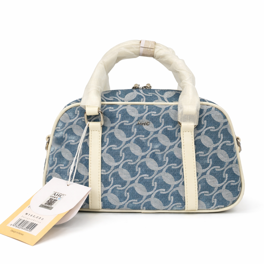 A  Elegant Blue Jacquard Mini Boston Bag with Ivory Leather Trim