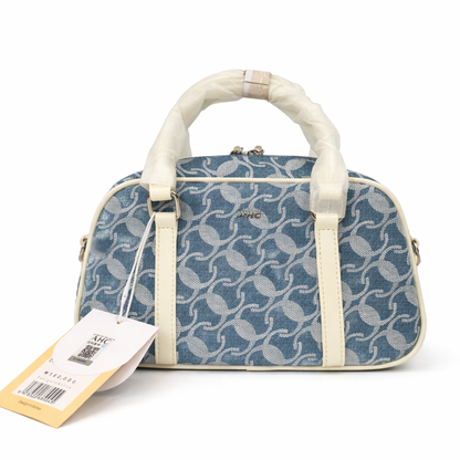 A  Elegant Blue Jacquard Mini Boston Bag with Ivory Leather Trim
