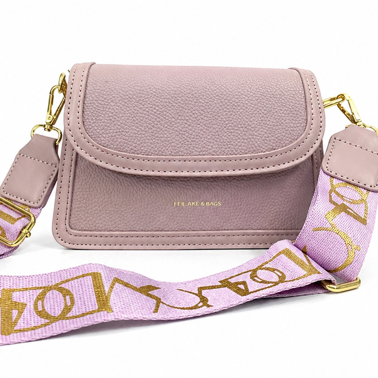 Soft Pink Textured Crossbody Bag with Printed Strap