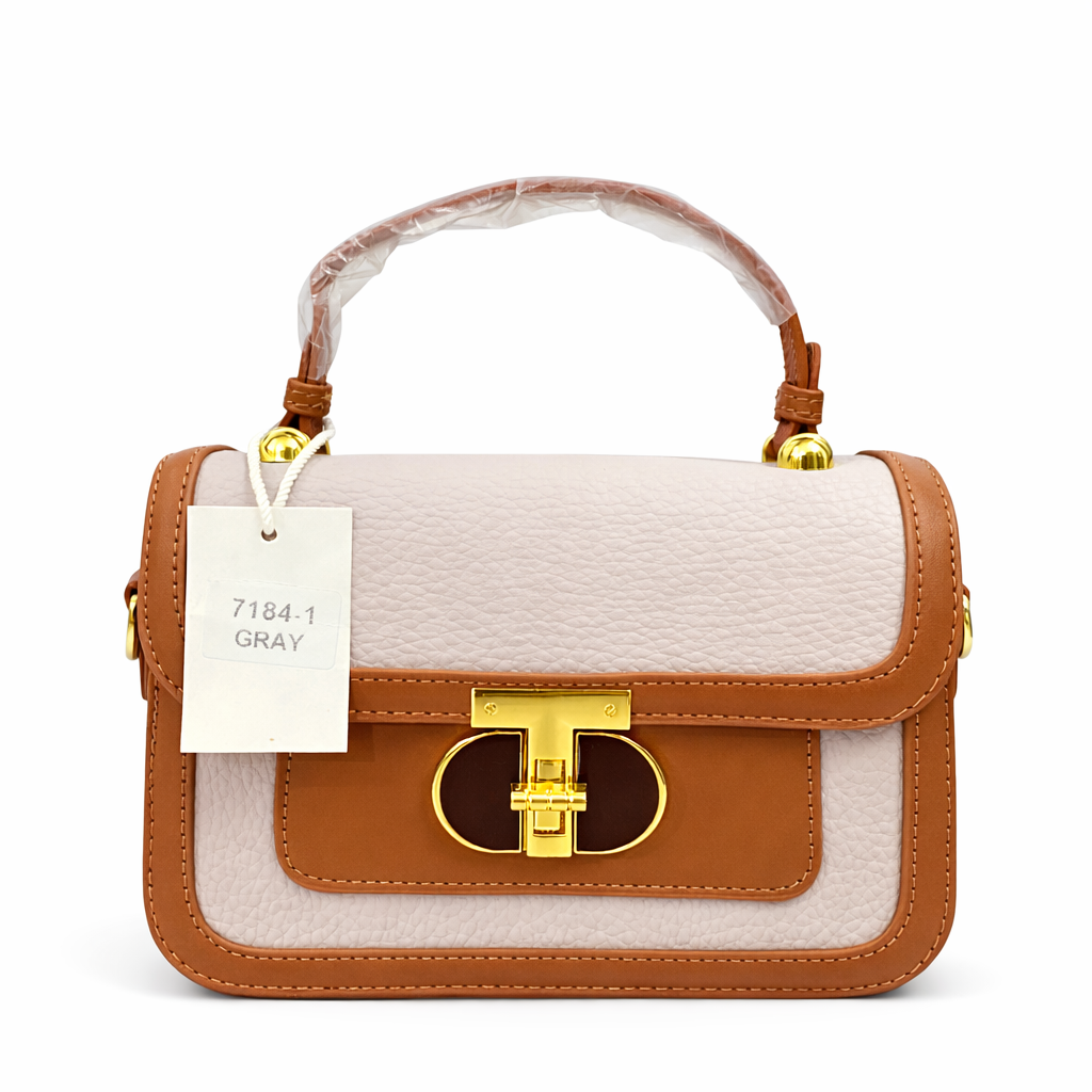 A Luxury Brown & Cream Handbag – Premium Textured Leather Crossbody Bag with Gold Lock