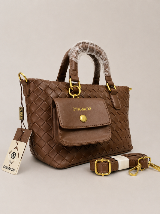 A Premium Woven Leather Tote Bag with Detachable Strap (Brown)