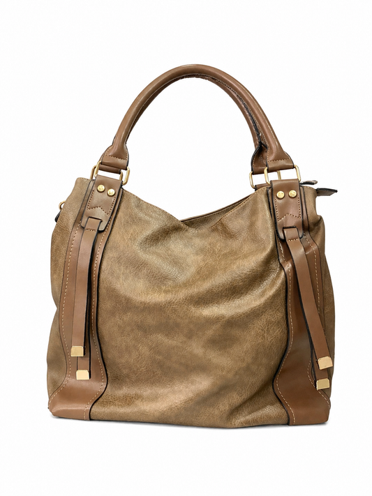 Chic Two-Tone Beige & Olive Leather Tote Bag with Detachable Strap
