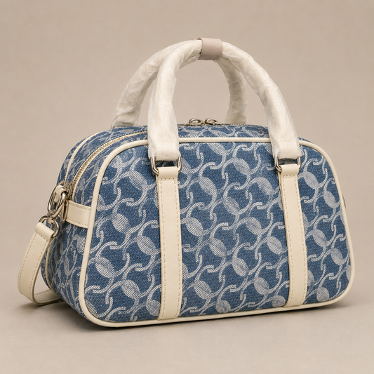 A  Elegant Blue Jacquard Mini Boston Bag with Ivory Leather Trim