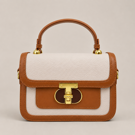 A Luxury Brown & Cream Handbag – Premium Textured Leather Crossbody Bag with Gold Lock