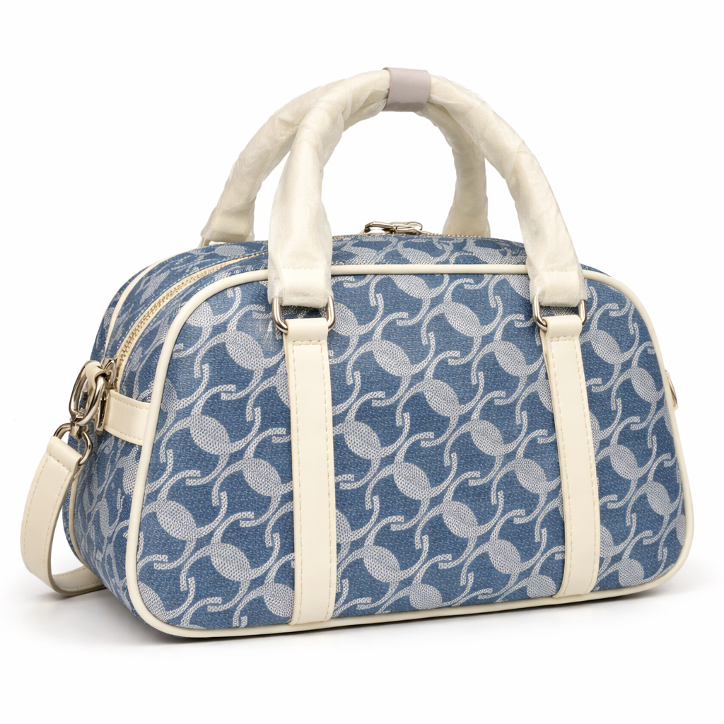 A  Elegant Blue Jacquard Mini Boston Bag with Ivory Leather Trim