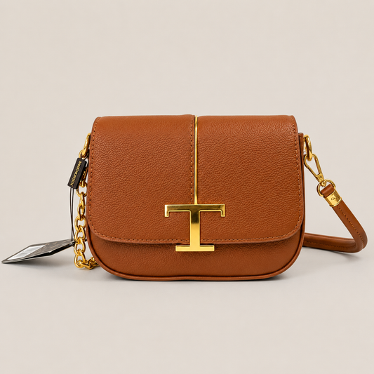 A Mini Saddle Crossbody Bag – Premium Textured Leather with Gold Hardware (Brown)