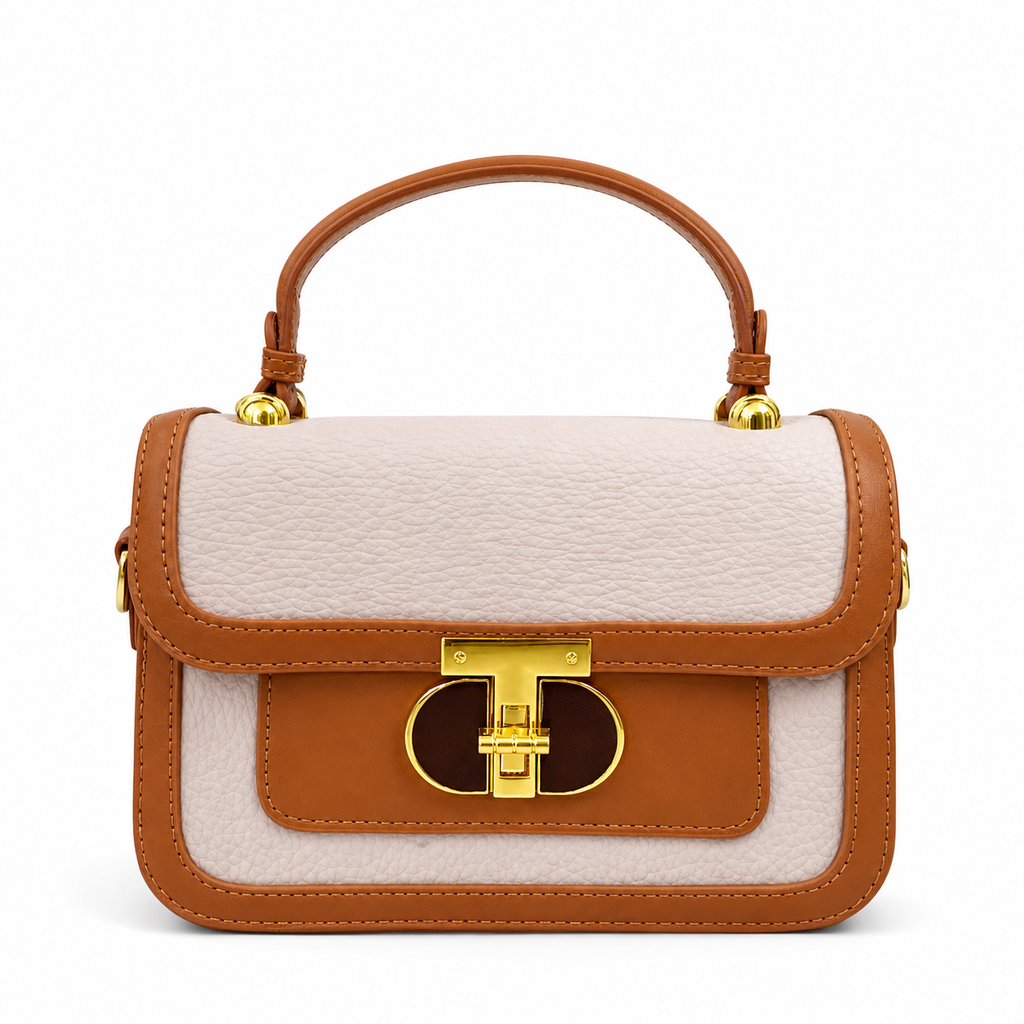 A Luxury Brown & Cream Handbag – Premium Textured Leather Crossbody Bag with Gold Lock