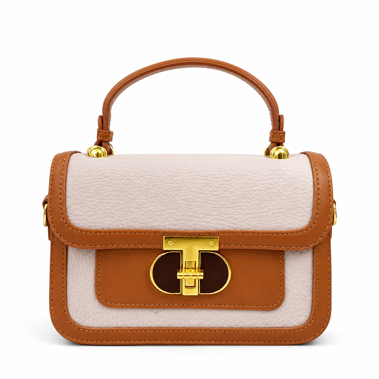 A Luxury Brown & Cream Handbag – Premium Textured Leather Crossbody Bag with Gold Lock